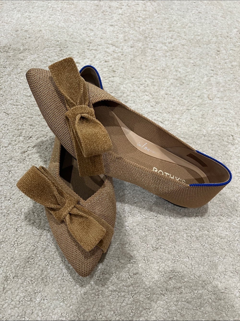 Rothy's Tan Pointed-Toe Bow Flats with Blue Heel Trim